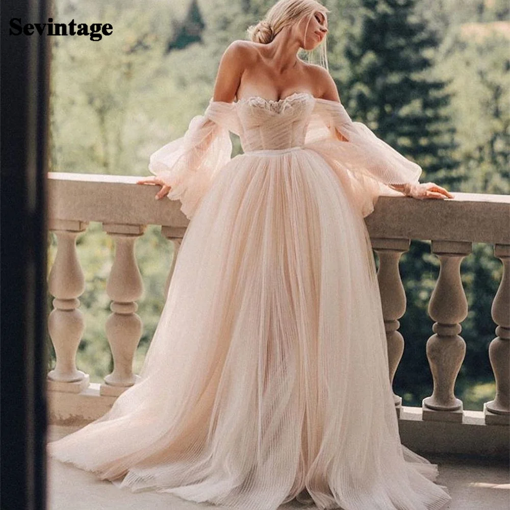 Top Trends: Sevintage Pink Tulle Wedding Dress A Line Puff Long Sleeves Garden Country Bridal Gowns Sweetheart Wedding Gown Vestido Novia Shoppable Styles