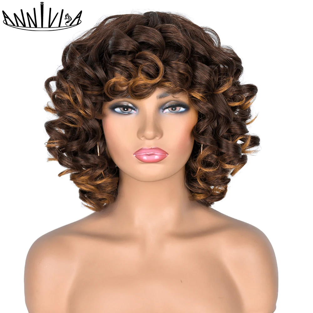 Top Trends: Short Hair Afro Curly Wig With Bangs For Black Women Synthetic Ombre Glueless Cosplay Wigs High Temperature Annivia Shoppable Styles