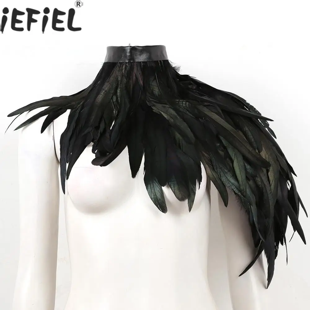 Top Trends: Adult Punk Gothic Cape Real Black Feather Shrug Top Shawl One Shoulder Cape Wings Choker Collar For Party Halloween Rave Costume Shoppable Styles