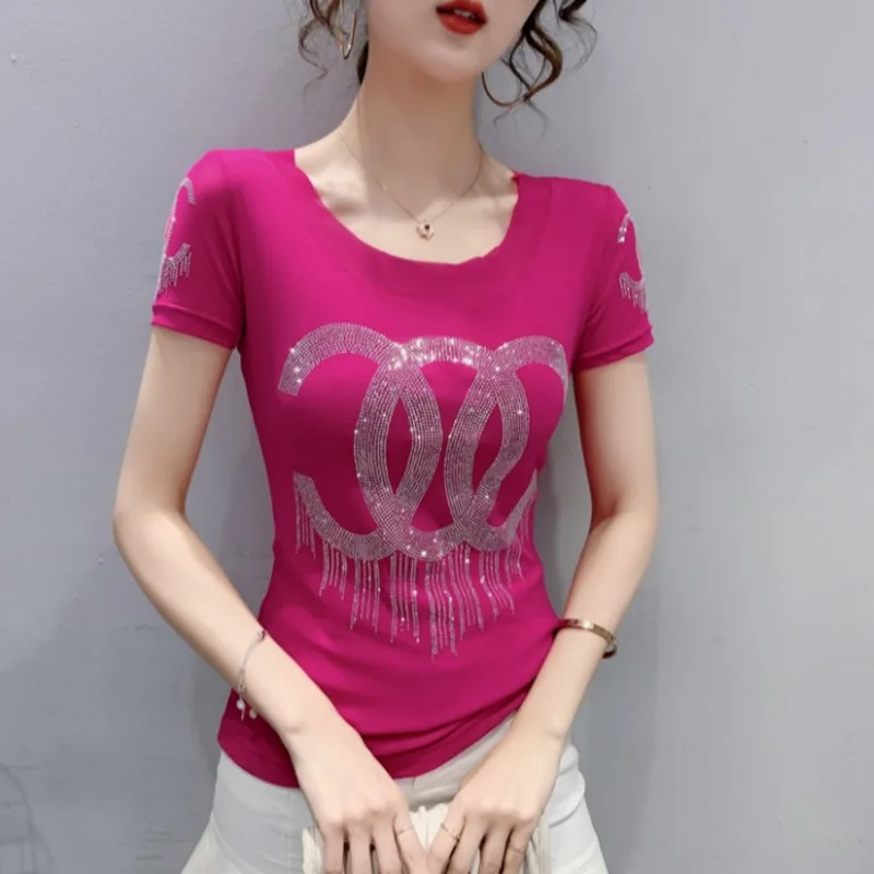 Top Trends: #7101Summer Short Sleeve T Shirt Diamonds Women O-Neck Casual Basice T Shirt Femme Sexy Slim Mesh T-shirt Female Black White Red Shoppable Styles