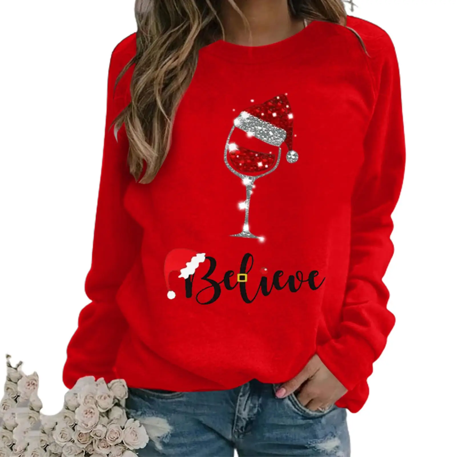 Top Trends: Best Sellers New Fashion Women's Christmas Print Round Neck Long Sleeve Pullover Top Loose Sweater Christmas Gift Clothes Shoppable Styles