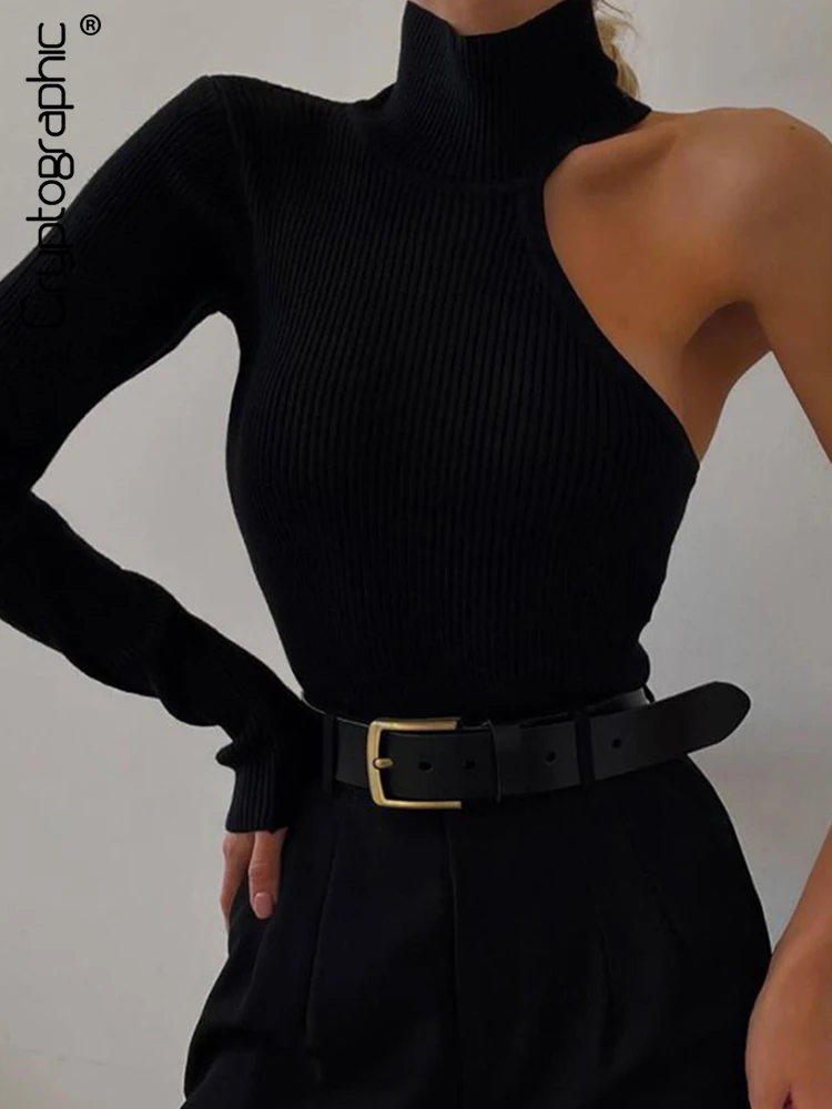 Top Trends: Cryptographic 2022 Spring One Shoulder Ribbed Knitted Elegant Bodysuit Women Skinny Tops Party Sexy Cut Out Bodysuits Clothes Shoppable Styles