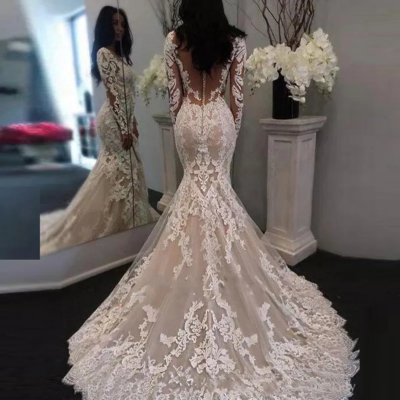 Top Trends: Illusion Long Sleeves Lace Mermaid Wedding Dress Fashion Tulle Applique Romantic Wedding Bridal Gowns With Buttons Bride Dress Shoppable Styles