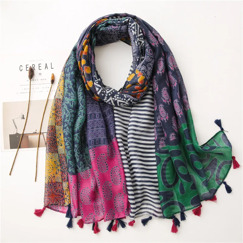 Top Trends: 2022 Fashion Design Aztec Floral Patchwork Viscose Shawl Scarf High Quality Neckerchief Autumn Winter Foulard Muslim Hijab Sjaal Shoppable Styles