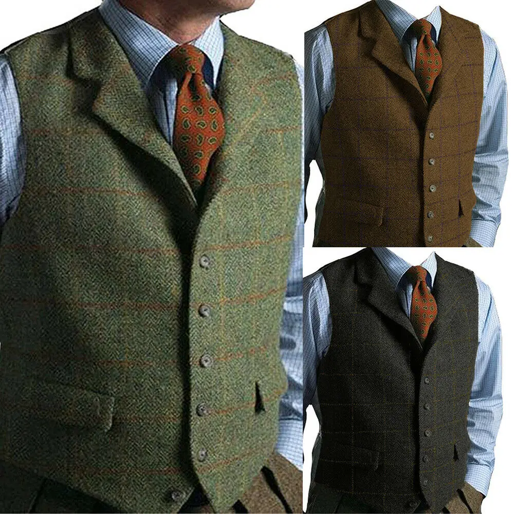 Top Trends: Green Men Vest Tweed Plaid Waistcoat Slim Fit Lapel Plaid Suit Vest Herringbone Vintage Vest For Wedding Groomsmen Shoppable Styles