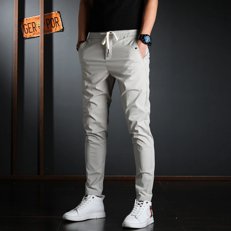 Top Trends: Summer Men Elastic Waist Casual Pants Korean Streetwear Lightweight Cotton Gray Slim Fit Trousers Shoppable Styles