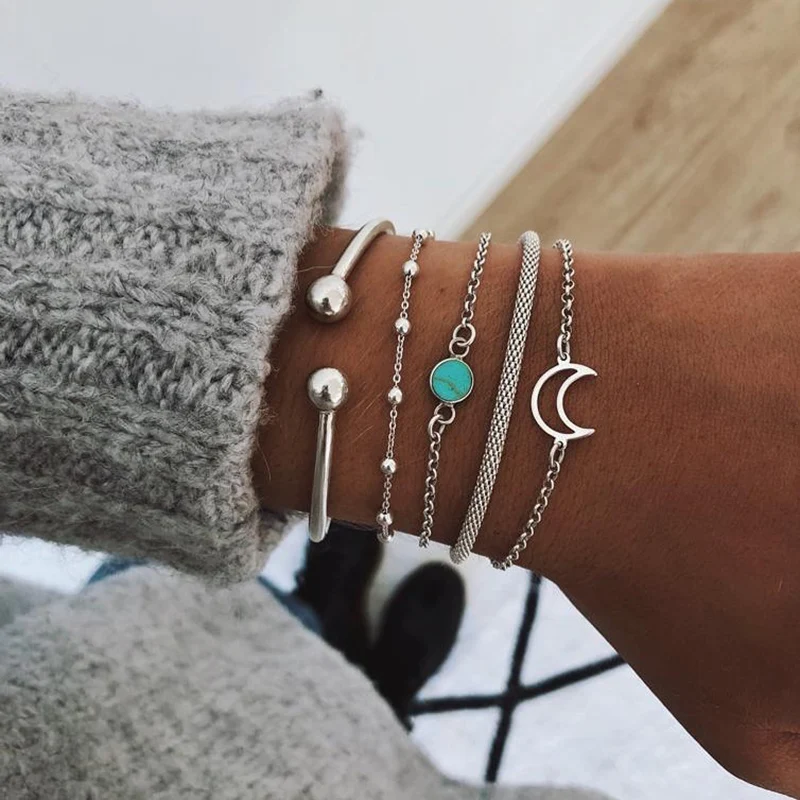 Top Trends: Fashion Geometric Stone Charm Bracelet Set For Women Retro Silver Color Moon Wrist Chain Open Bangle Lady Trendy Boho Jewelry Shoppable Styles