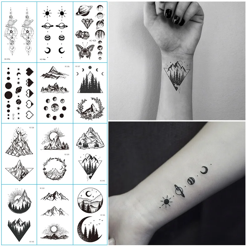 Top Trends: 12pcs Small Geometric Planet Temporary Tattoo Stickers Black Water Transfer Tattoo Minimalist Sun Moon Design Fake Tattoo Women Shoppable Styles