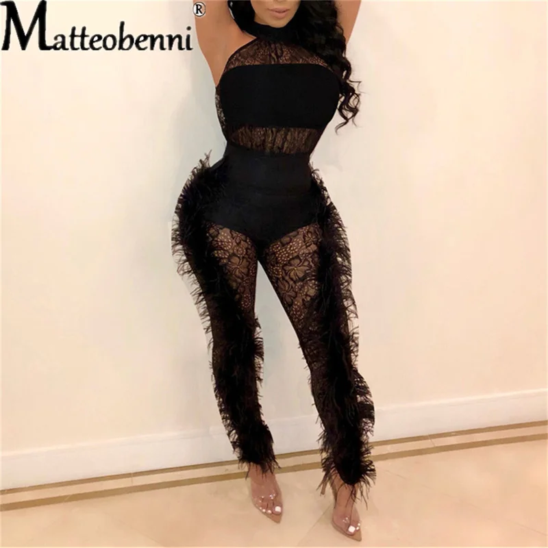 Top Trends: Mesh Patchwork Feathers Jumpsuit Women Sexy See Through Sleeveless O Neck Bodycon Women Jumpsuit Transparent Night Club Overalls Shoppable Styles