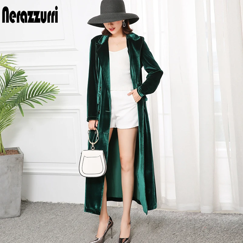 Top Trends: Nerazzurri High Quality Long Green Black Soft Velvet Trench Coat For Women Fall 2022 Peaked Lapel Long British Style Overcoat Shoppable Styles