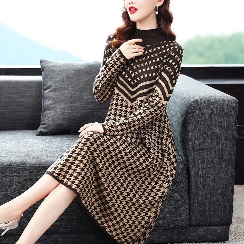 Top Trends: Vintage Houndstooth Loose Knitted Vestidos Women Plus Size 5xl 6xl Half Turtleneck Sweater Dress Fall Elegant Midi Dresses Shoppable Styles