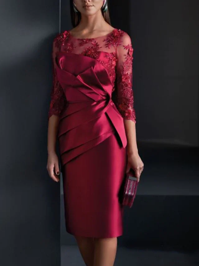 Top Trends: Burgundy Mother Of The Bride Dress Elegant Shealth Scoop Satin Flowers 3 / 4 Sleeve With Appliques Short Groom Mother Of Dresses Shoppable Styles