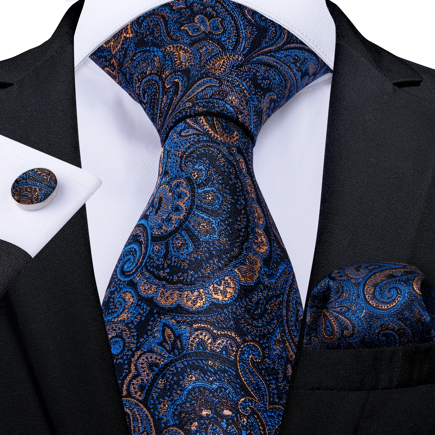 Top Trends: Luxury Blue Gold Paisley Silk Ties For Men Business Wedding Neck Tie Set With Tie Ring Brooch Pin Men's Cufflinks Pocket Square Shoppable Styles - Image 2