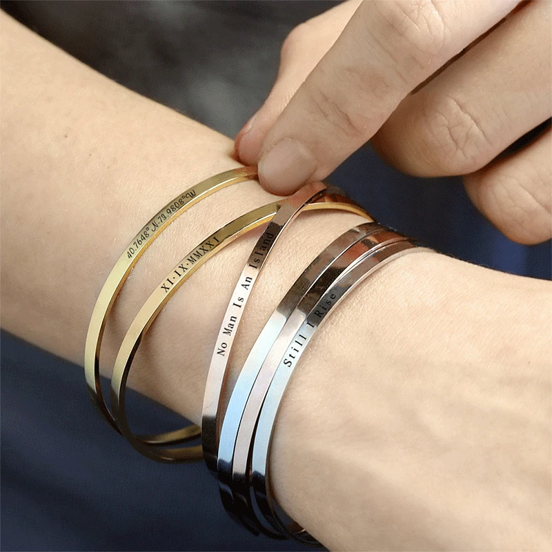 Top Trends: Custom Phrase Cuff Bracelets For Women Men Personalized Coordinates Text Name Bangles Stainless Steel Jewelry Famliy Lover Gifts Shoppable Styles