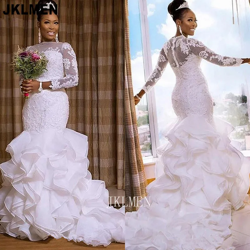 Top Trends: White Illusion Lace Ruffle Organza Mermaid Wedding Dress Long Sleeves Zipper Button Bridal Gown Shoppable Styles