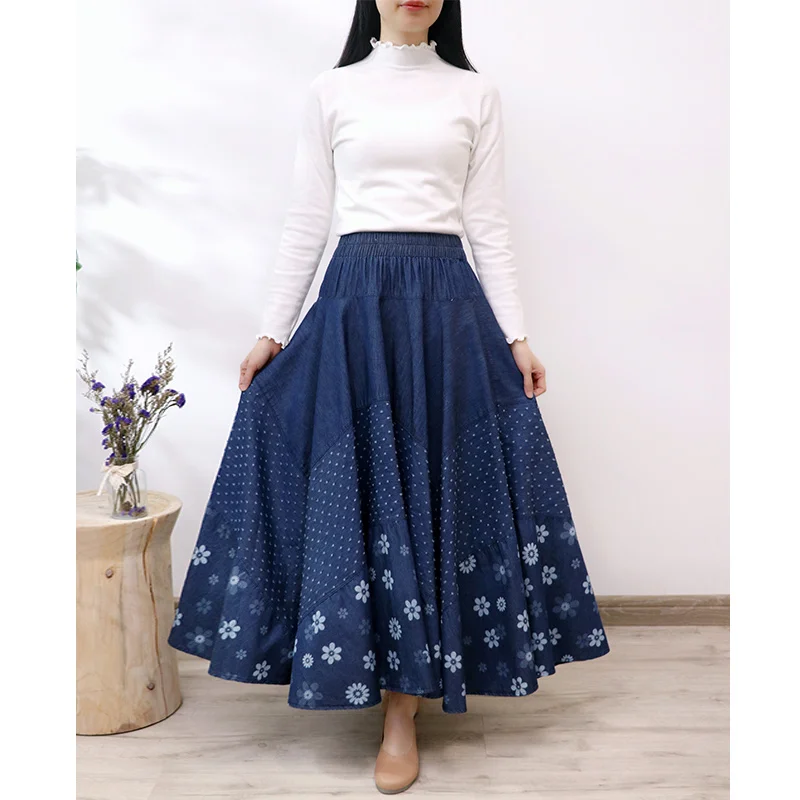 Top Trends: TIYIHAILEY 2023 Long Maxi A-line Skirt Women Elastic Waist Spring Autumn Denim Jeans Vintage Big Hem Skirt Print Shoppable Styles - Image 4