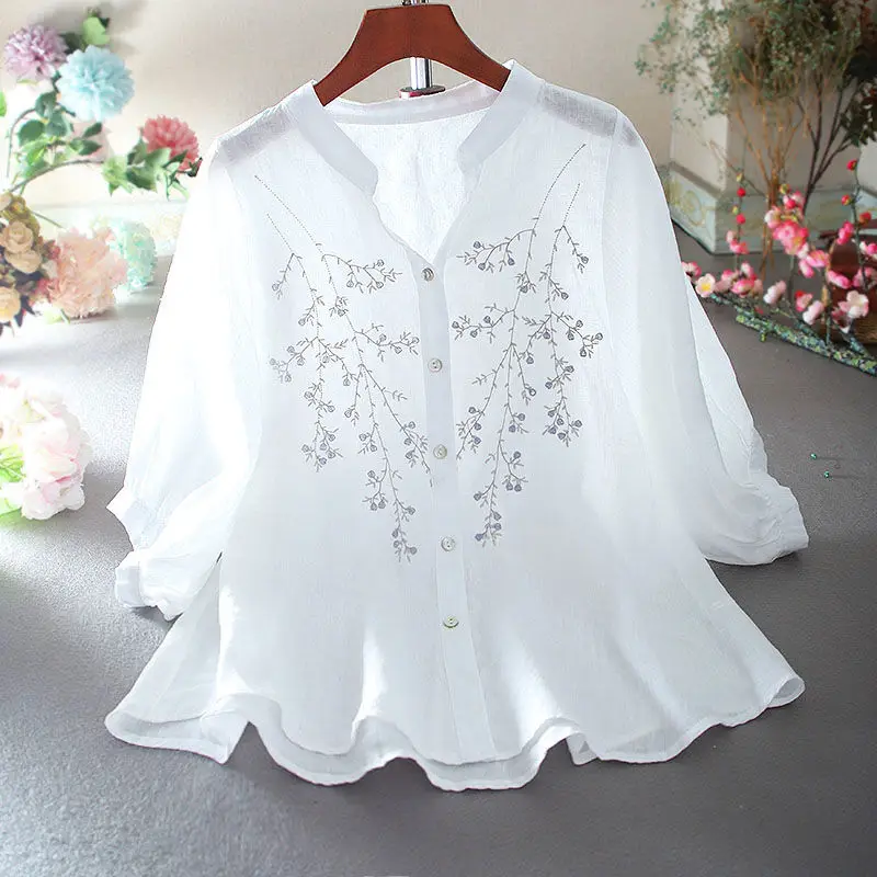 Top Trends: 2023 Summer New Ladies' Shirts Fashion Plus Size Loose Leisure Heavy Industry Embroidery Flower Literary Ladies' Shirts Tops H14 Shoppable Styles