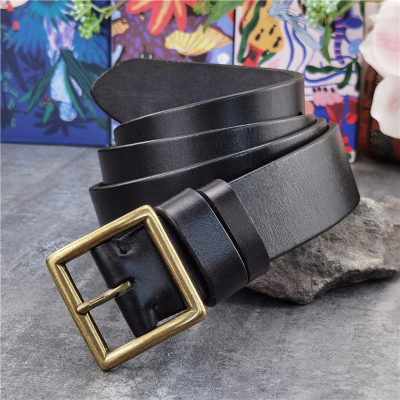 Top Trends: Retro Jeans Leather Belt Men Ceinture Vintage Brass Belt Buckle Genuine Leather Belts For Men Long Waist Belt Male MBT0009 Shoppable Styles - Image 2