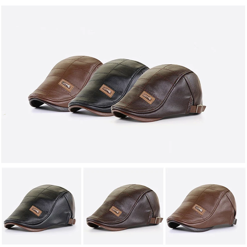 Top Trends: Retro PU Leather Beret Hats For Men Autumn Winter Faux Leather Beret Hat Middle-aged Men's Visor Warm Flat Peaked Cap Adjustable Shoppable Styles - Image 6