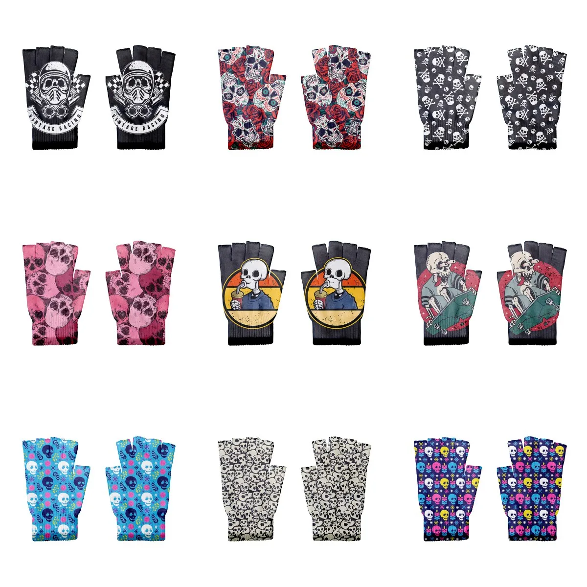 Top Trends: 1Pair Personalized Skull Printed Women&#039;s Knitted Half Finger Windproof Gloves Unisex Fingerless Half Finger Cycling Gloves Shoppable Styles