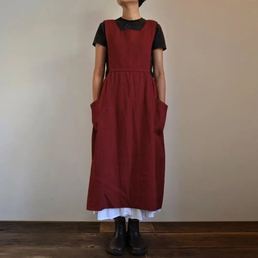 Top Trends: Women Solid Color Sleeveless Square Neck Pockets Cotton Linen Apron Long Dress Pinafore Dress Women Shoppable Styles