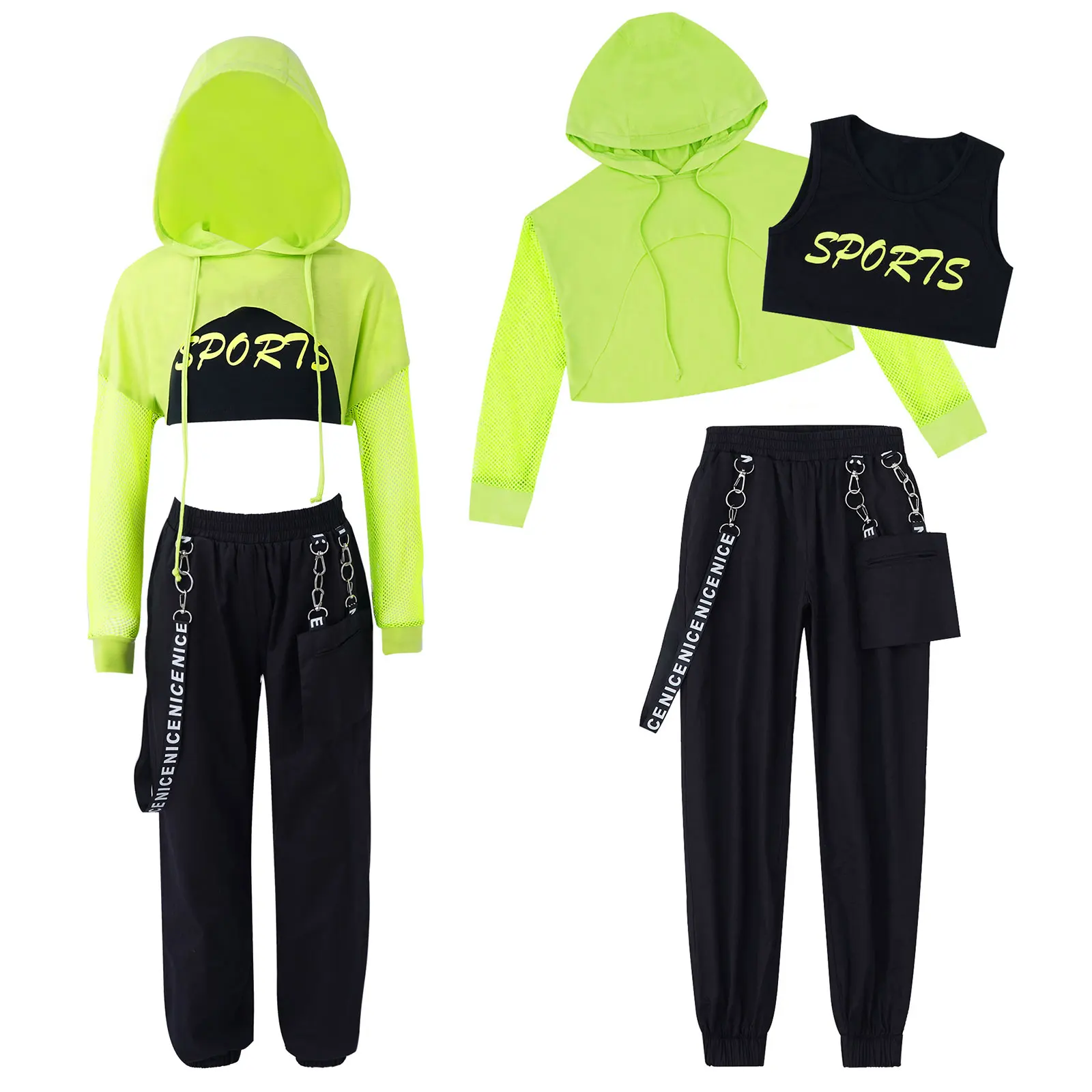 Top Trends: Hip Hop Girls Clothing Jazz Costumes Kids Hooded Net Cover Up Tops With Crop Vest And Pants Sports Set Modern Dance Street Wear Shoppable Styles