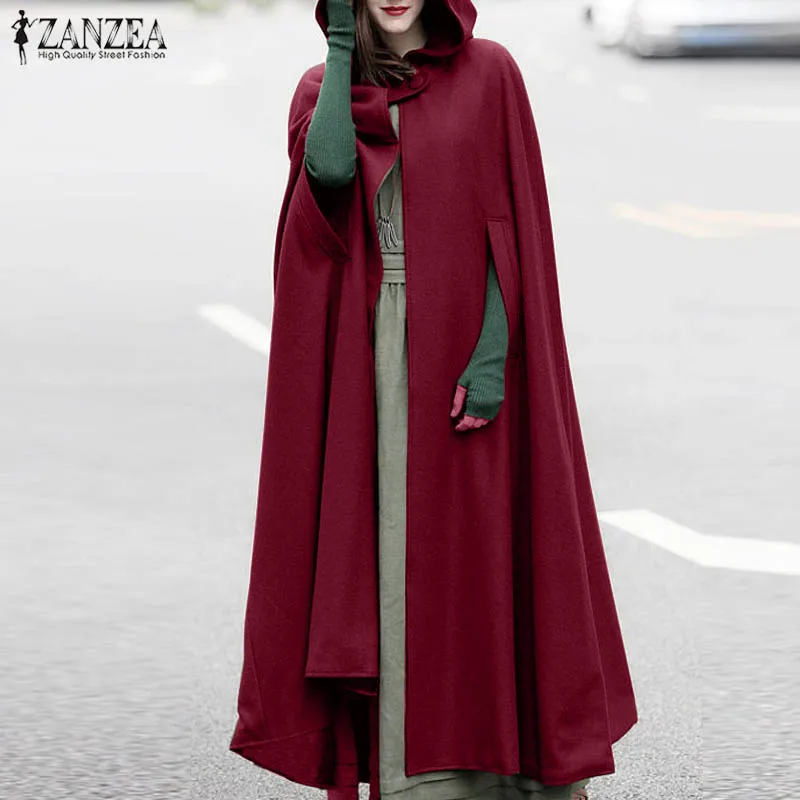 Top Trends: Stylish Long Cape Cloak ZANZEA Women Hooded Wool Blend Cloak Coat Autumn Hoodies Poncho Warm Cosplay Jackets Outwear Windbreaker Shoppable Styles