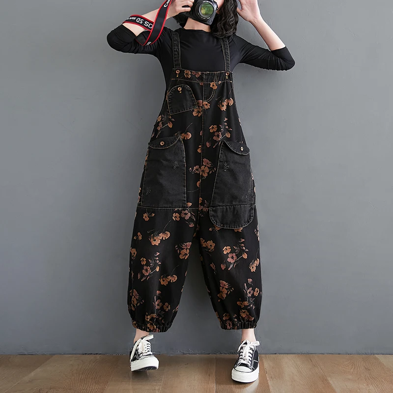 Top Trends: #2305 Black Floral Printed Jeans Jumpsuit Women Big Pockets Vintage Casual Rompers Ladies Wide Leg Denim Rompers Jumpsuit Female Shoppable Styles