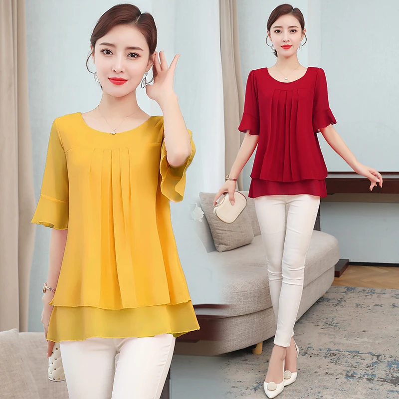 Top Trends: 2020 Summer Obesity Mid-length Chiffon Blouse Plus Size 5XL Women Short Sleeve Beautiful Self-cultivati Shirt Blouse NS4600 Shoppable Styles