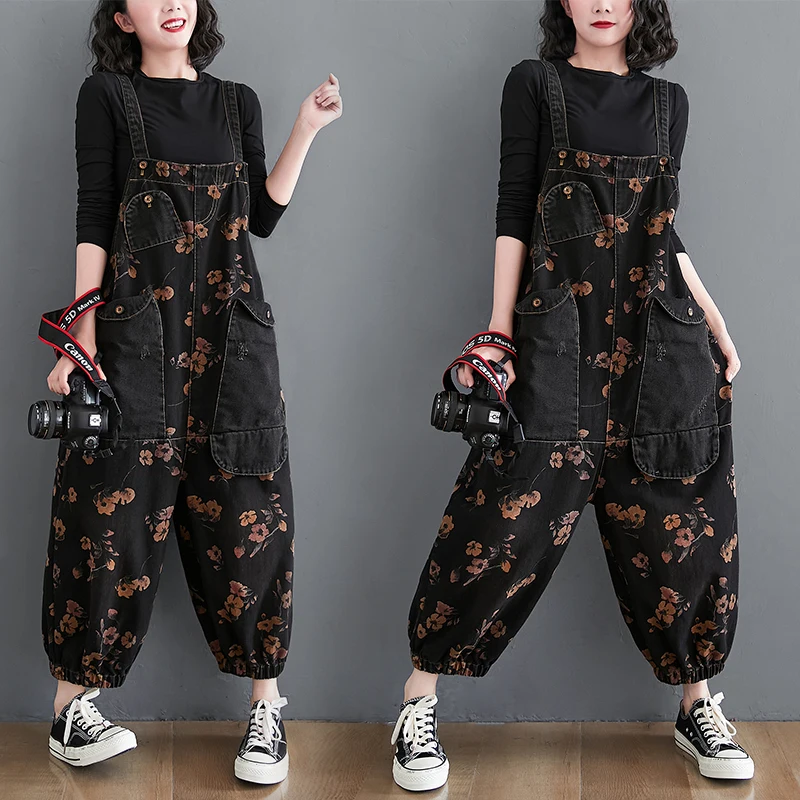 Top Trends: Loose Jeans Black Jumpsuit Women Casual Oversized Baggy Cargo Pants Big Pockets Print Floral Denim Overalls Straps Jean Rompers Shoppable Styles