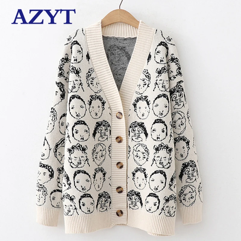 Top Trends: AZYT 2023 Autumn Winter New Comic V Neck Cardigan Female Jacket Knitwear Sweater Coat Casual Knit Pull Femme Sweater For Women Shoppable Styles