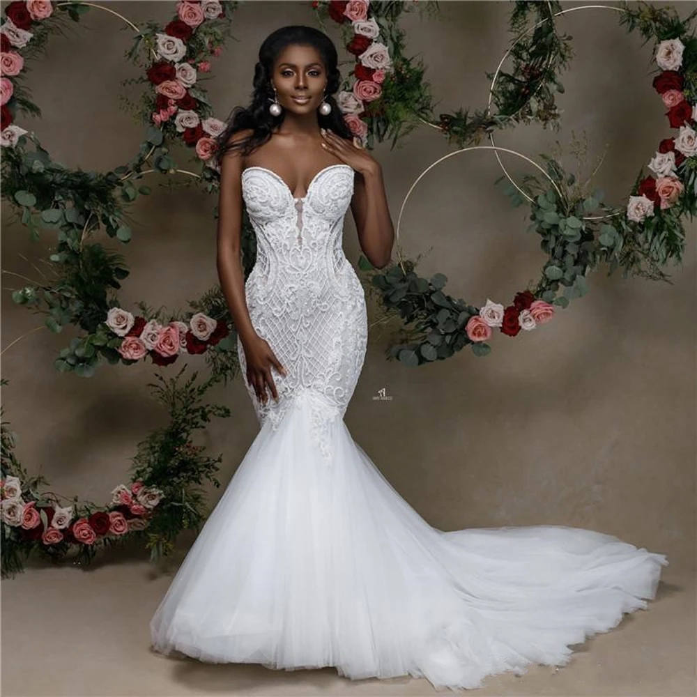 Top Trends: KapokDressy African Sweetheart Mermaid Wedding Dresses 2023 Newest Strapless Lace Beaded Wedding Gowns Applique Bridal Dresses Shoppable Styles