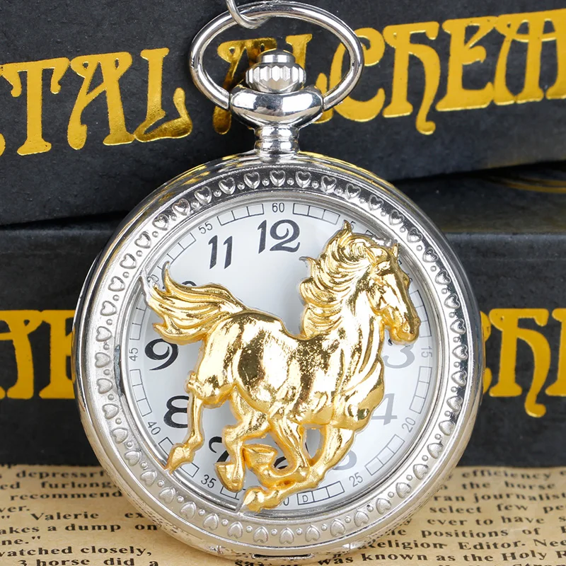 Top Trends: Silver Gold Hollow Running Horse Quartz Pocket Watch Necklace Men Women Gifts With Fob Chain Shoppable Styles