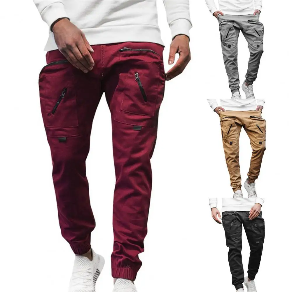 Top Trends: Men Cargo Pants Solid Color Multi Pockets Zipper Decoration Ankle-banded Autumn Trousers For School Shoppable Styles