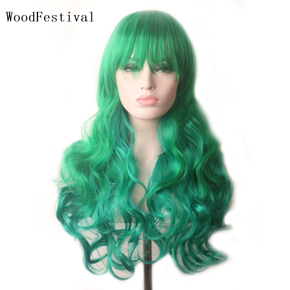 Top Trends: WoodFestival Green Synthetic Wig With Bangs Cosplay Wavy Wigs For Women Long Hair Purple Pink Red Blue White Rainbow Colored Shoppable Styles