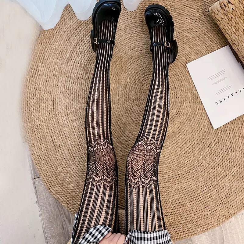 Top Trends: Sexy Black Mesh Stockings Women Transparent Thin Nylon Tights Pantyhose Collant Femme Stripe Hollow Stocking Dress Calcetines Shoppable Styles