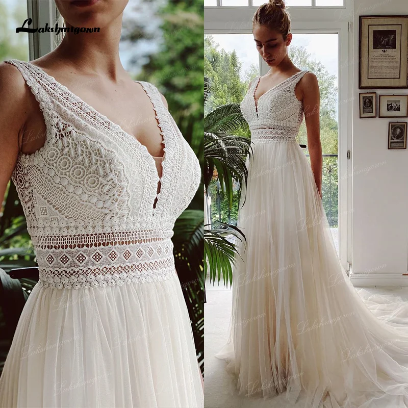 Top Trends: Vestido De Novia Boho Wedding Dresses 2023 V Neck Beach Lace Bridal Wedding Gowns Elegant Bohemian Tulle A Line Bridal Dress Shoppable Styles