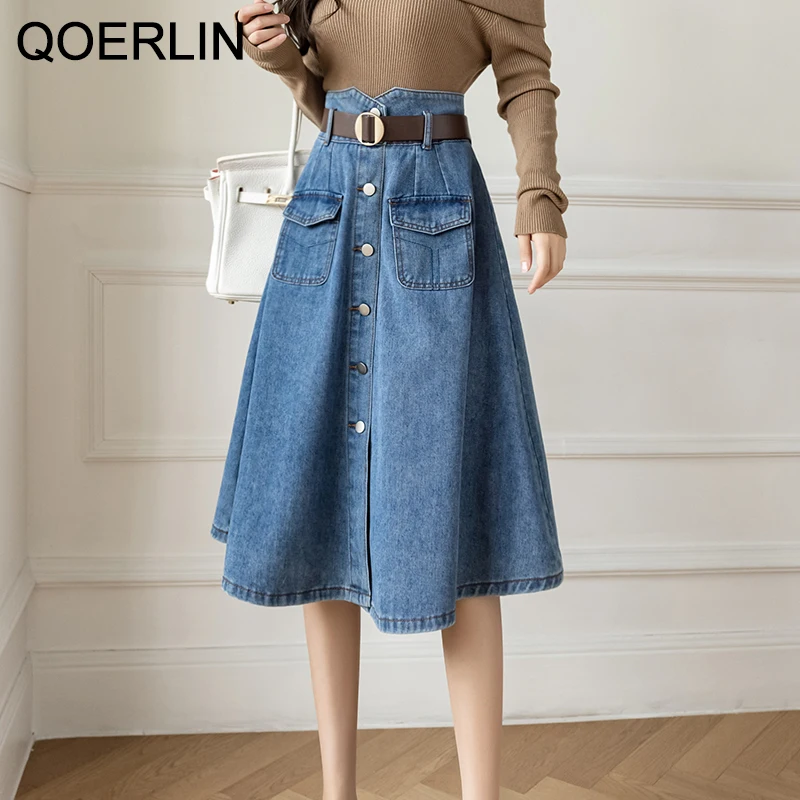 Top Trends: QOERLIN Skirt With Belted 2022 New Vintage Women's Denim Skirt High Waist Jeans Skirt Female Chic A-line Pocket Skirt A-Line Shoppable Styles - Image 4