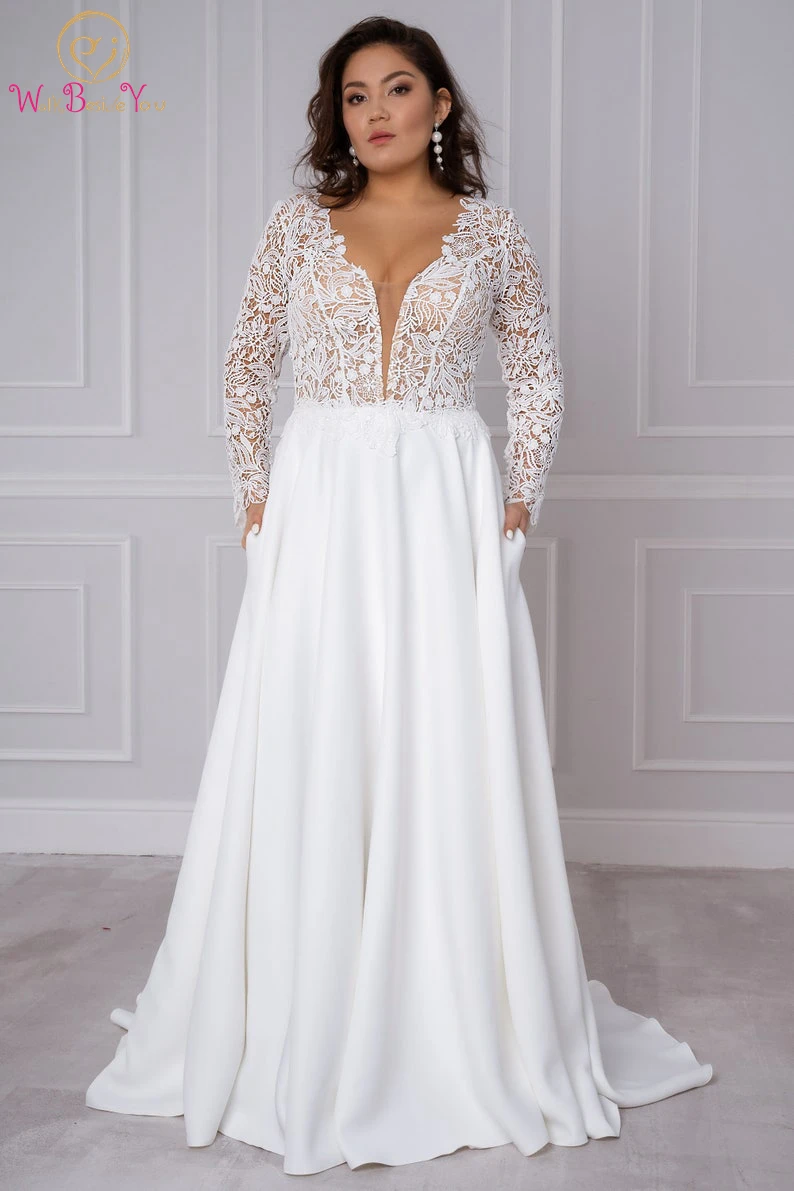 Top Trends: Plus Size Wedding Dresses Lace Satin Long Sleeves Bride Gowns V Neck With Pockets White-nude Plunge Bridal Dresses Shoppable Styles