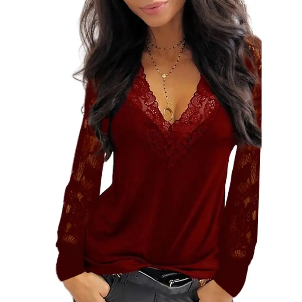 Top Trends: Female Tops Pullover Sexy Women Deep V Neck Lace Trim See Through Long Sleeve Blouse Top Blouse Solid Vintage Blouse Shirts 2021 Shoppable Styles