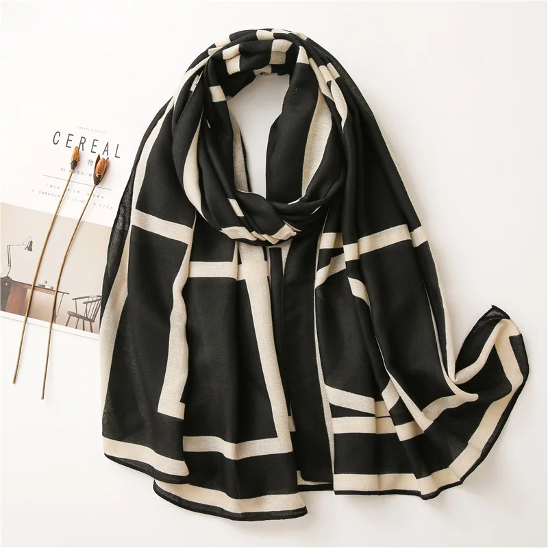 Top Trends: Spain Luxury Brand Black Beige Geometric Line Tassel Viscose Scarf Women Print Shawls And Wraps Pashmina Stole Muslim Hijab Caps Shoppable Styles