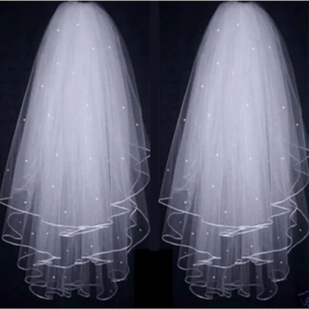 Top Trends: Cheap Three Layers Ribbon Edge Wedding Veil Pearls White Ivory Short 3 Layers Bridal Veil 2021 Shoppable Styles