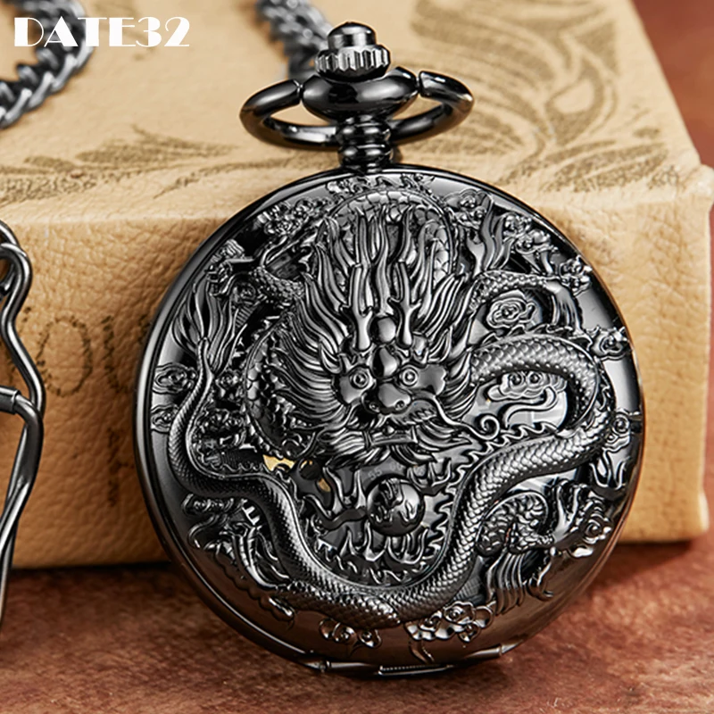 Top Trends: Roman Numeral Dragon Mechanical Pocket Watch Antique Steampunk Skeleton Dial Black Fob Chain Clock For Men Women Dropshipping Shoppable Styles