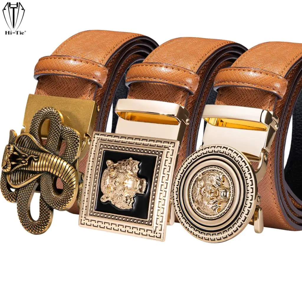 Top Trends: Luxury Orange Cow Leather Mens Belts Gold Animals Tiger Wolf Automatic Buckles Ratchet Waistband Men Belt For Dress Jeans Casual Shoppable Styles