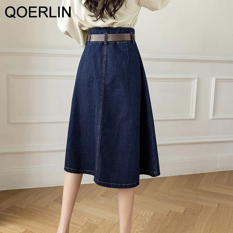 Top Trends: QOERLIN Skirt With Belted 2022 New Vintage Women's Denim Skirt High Waist Jeans Skirt Female Chic A-line Pocket Skirt A-Line Shoppable Styles - Image 3