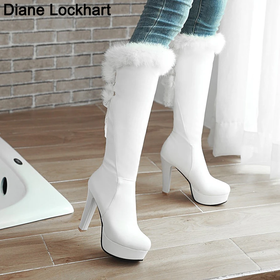 Top Trends: New Fashion Fur Knee High Boots Women&#039;s Round Toe Winter Boots High Heel Long Boot Keep Warm Shoes Women Stilettos Bottes White Shoppable Styles