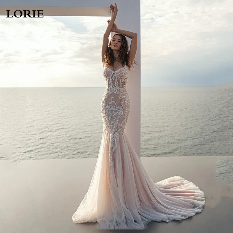 Top Trends: LORIE Champagne Mermaid Wedding Dress 2022 Spaghetti Straps Appliqued Lace Bridal Dresses Boho Wedding Gowns Свадебное пл Shoppable Styles