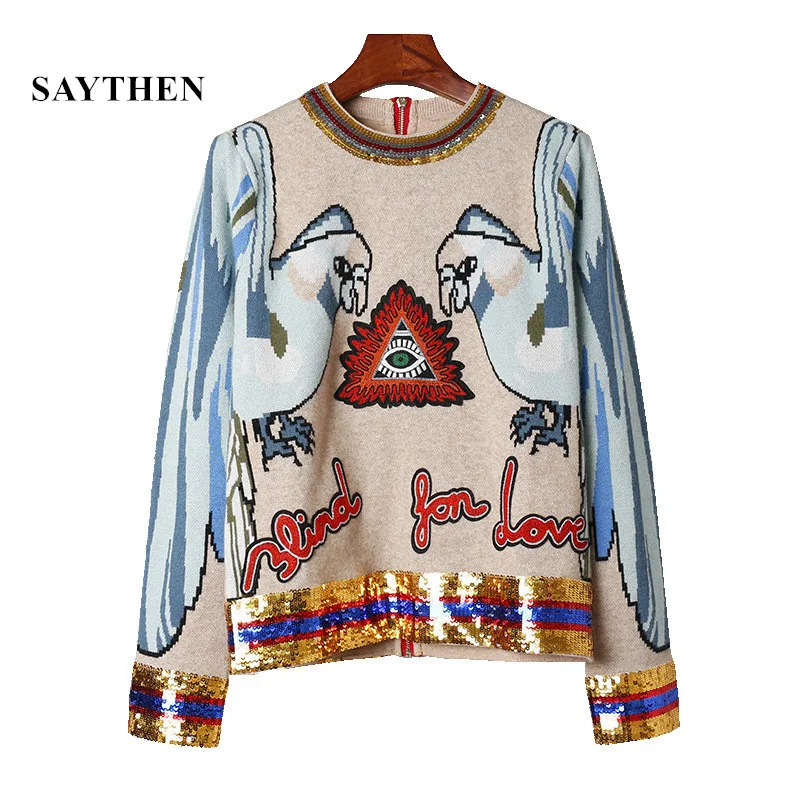 Top Trends: SAYTHEN 2021 Autumn Winter Runway Embroidery Sequined Knitting Sweaters Fashion Parrot Jacquard Long Sleeve Neck Women Pullover Shoppable Styles