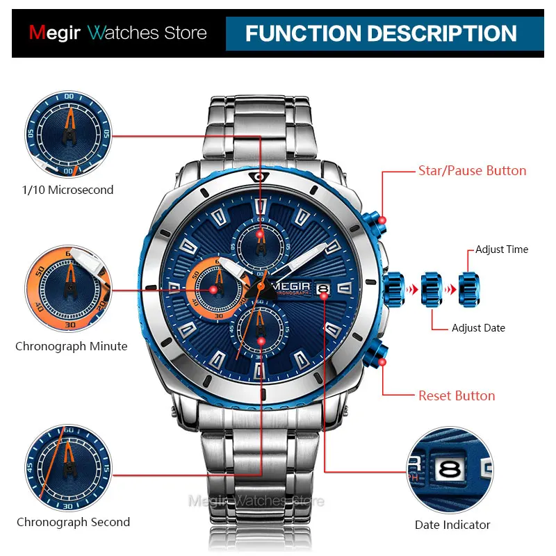 Top Trends: MEGIR Men's Blue Dial Chronograph Quartz Watches Fashion Stainless Steel Analogue Wristwatches For Man Luminous Hands 2075G-2 Shoppable Styles - Image 5