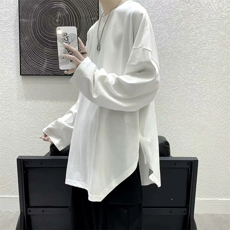 Top Trends: Irregular Loose Long Sleeve Men Tshirt Split Fork Fashion All-Match Solid Color Spring Summer Tops Oversized Japanese Streetwear Shoppable Styles